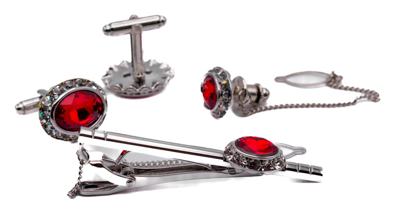 Ruby Crystal Silver Men's Accessory Box 4 Piece Collection Set