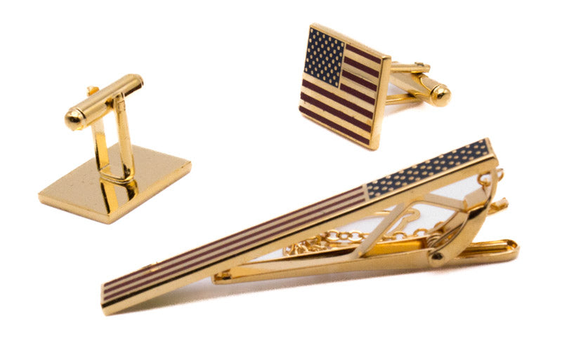 Gold American Flag Men's Accessory Box 3 Piece Collection Set