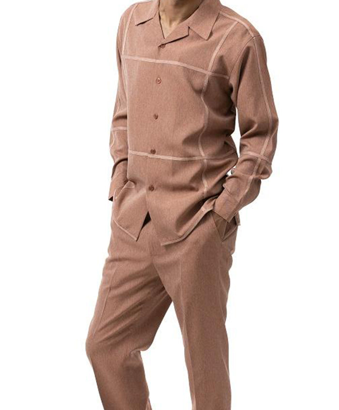 (L/34) Cognac Denim Feel 2 Piece Long Sleeve Walking Suit With Stripe Design