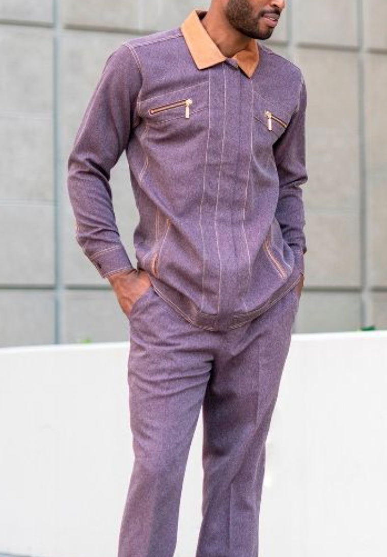 Men's 2 Piece Long Sleeve Denim Feel Walking Suit in Purple