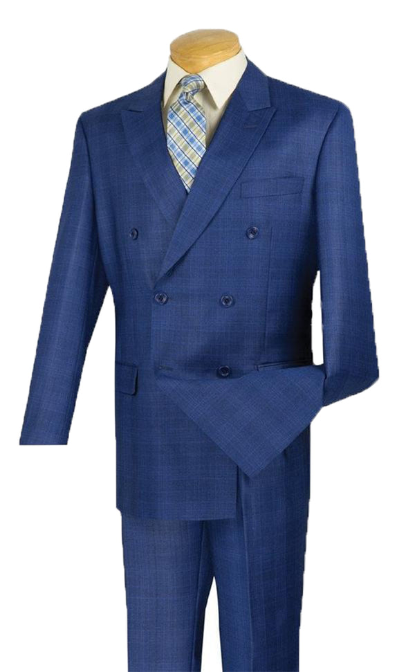 Alexander Collection - Blue Double Breasted 2 Piece Suit Regular Fit Glen Plaid