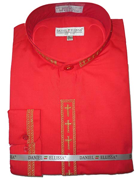 Men's Banded Collar Embroidered Shirt in Red/Gold