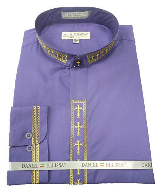 Men's Banded Collar Embroidered Shirt in Purple/Gold