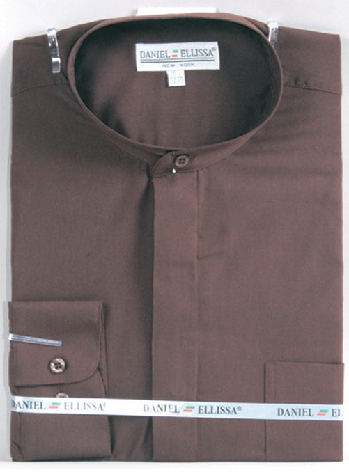 Basic Banded Collar Dress Shirt in Dark Brown
