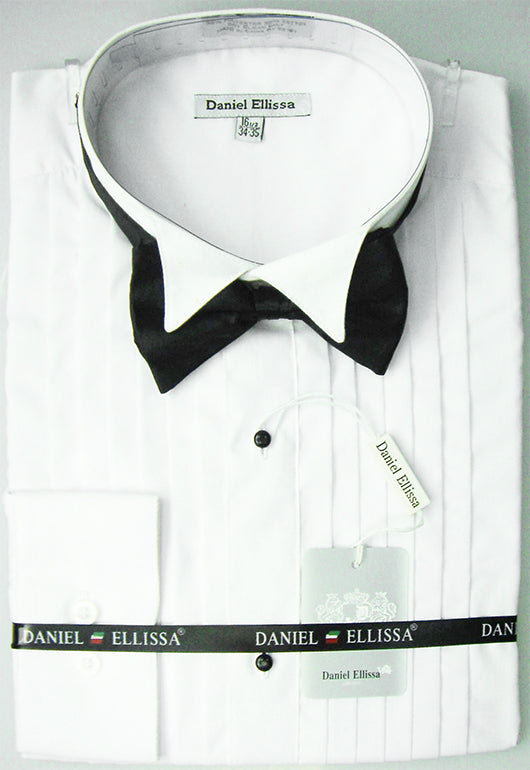 White Regular Fit Half-Inch Pleated Tuxedo Shirt with Bow Tie