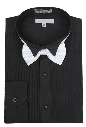 Black Regular Fit Wingtip Collar Pin Pleated Tuxedo Shirt with Bow Tie