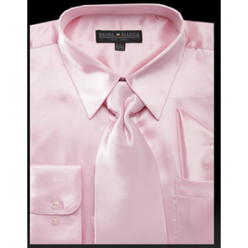 Satin Dress Shirt Regular Fit in Pink With Tie And Pocket Square