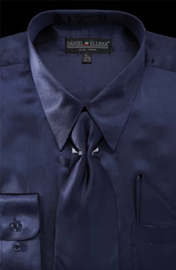 Satin Dress Shirt Regular Fit in Navy With Tie And Pocket Square