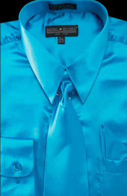Satin Dress Shirt Regular Fit in Turquoise With Tie And Pocket Square