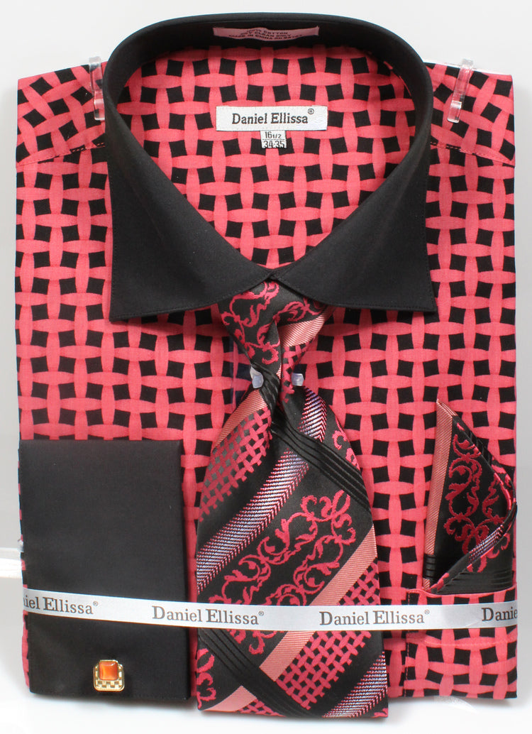French Cuff Checker Pattern Cotton Shirt in Black/Coral with Tie, Cuff Links and Pocket Square