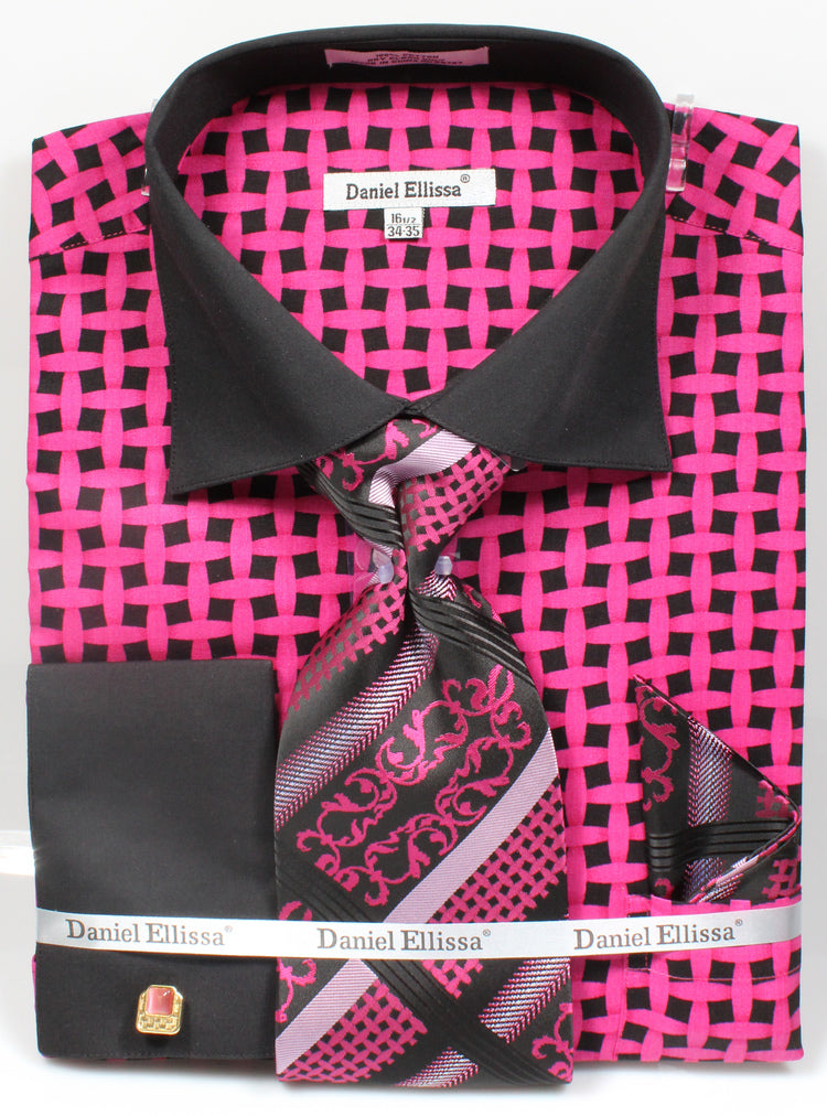 French Cuff Checker Pattern Cotton Shirt in Black/Fuchsia with Tie, Cuff Links and Handkerchief