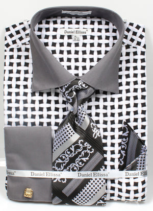 French Cuff Checker Pattern Cotton Shirt in Black/White with Tie, Cuff ...