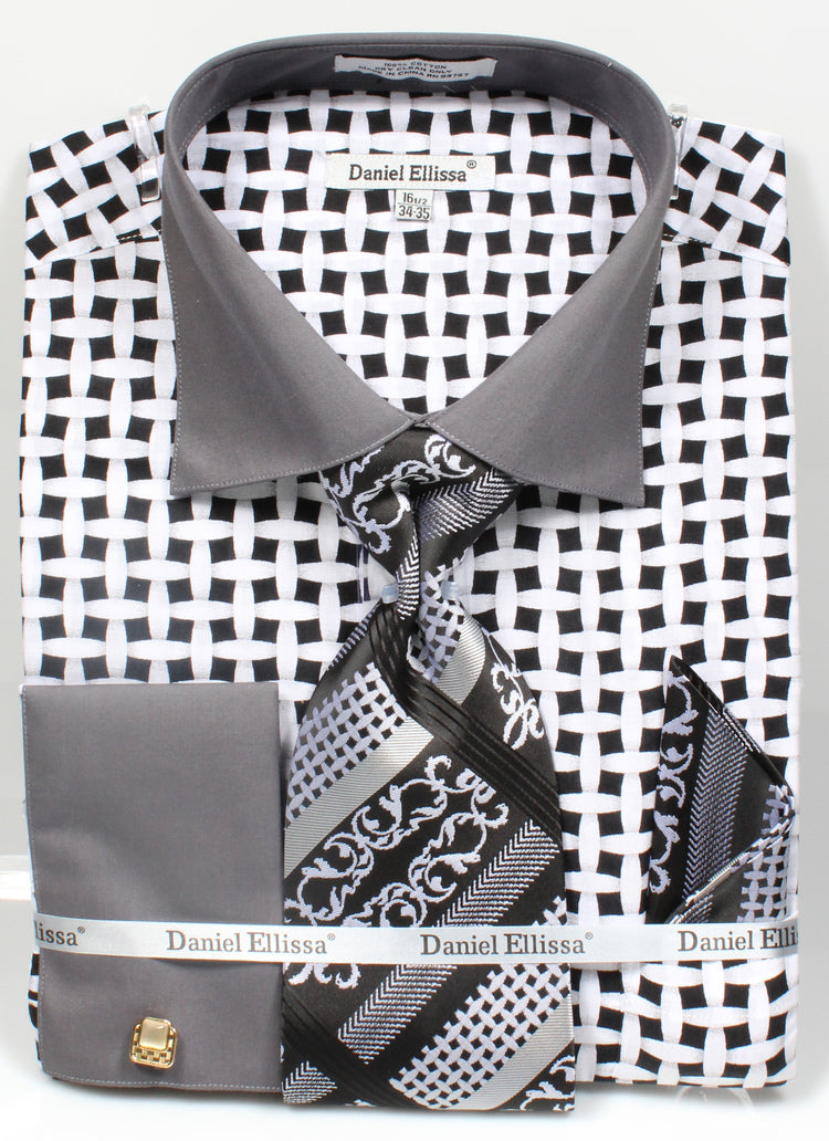 French Cuff Checker Pattern Cotton Shirt in Black/White with Tie, Cuff Links and Handkerchief