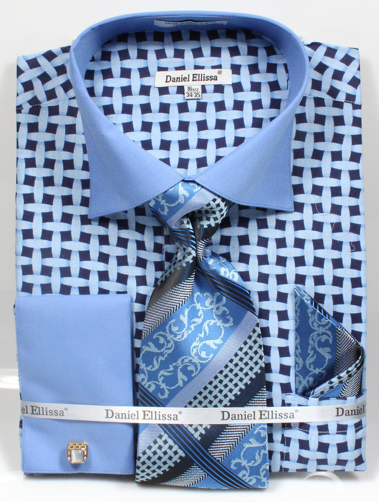 French Cuff Checker Pattern Cotton Shirt in Blue with Tie, Cuff Links and Handkerchief