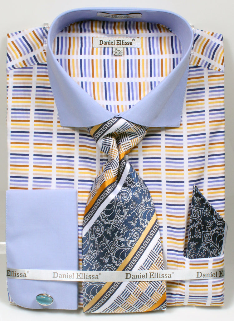 French Cuff Cotton Shirt in Blue with Tie, Cuff Links and Handkerchief