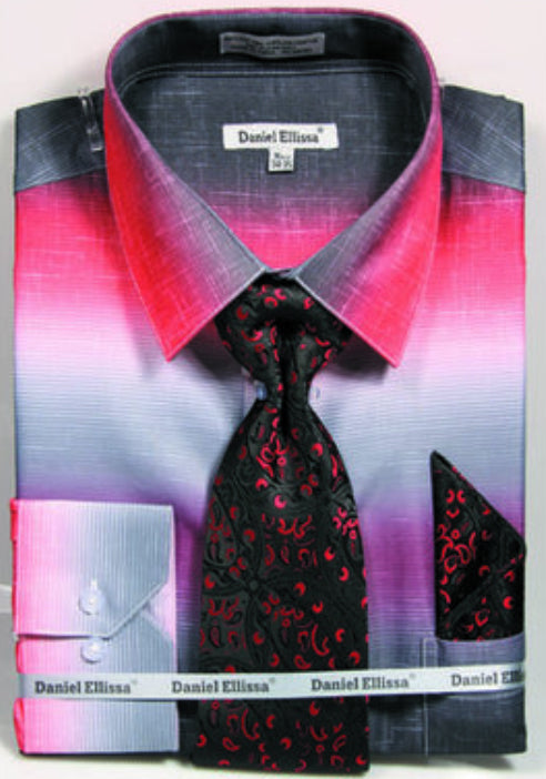 Red Multi Color Printed Dress Shirt Set with Convertible Cuff