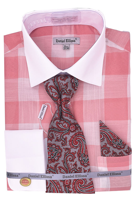 Coral Tone on Tone Check Printed Dress Shirt Set with Tie and Handkerchief