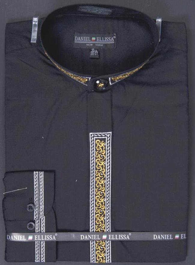 Basic Banded Collar Dress Shirt with Embroidery in Black