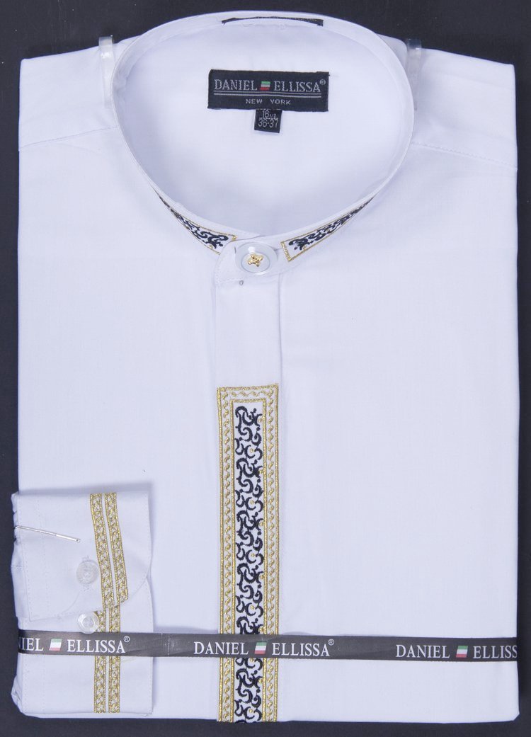 Basic Banded Collar Dress Shirt with Embroidery in White