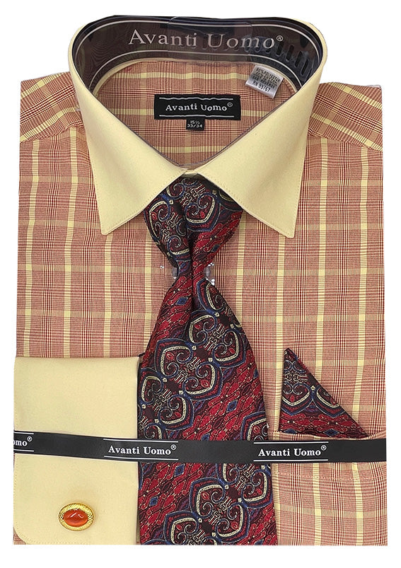 Red Tone on Tone Check Pattern Dress Shirt Set with Cuff