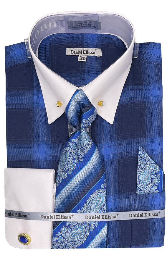 Blue Tone on Tone Check Printed Dress Shirt Set with Tie and Handkerchief