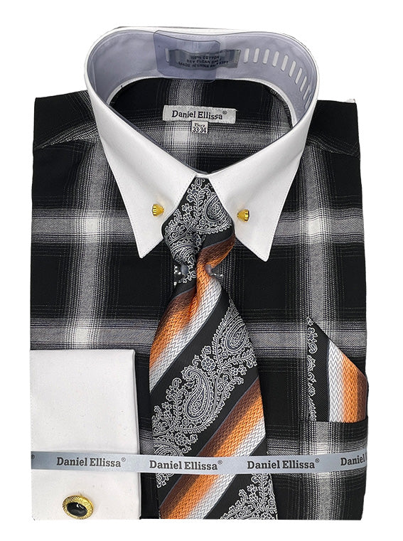 Black Tone on Tone Check Printed Dress Shirt Set with Tie and Handkerchief