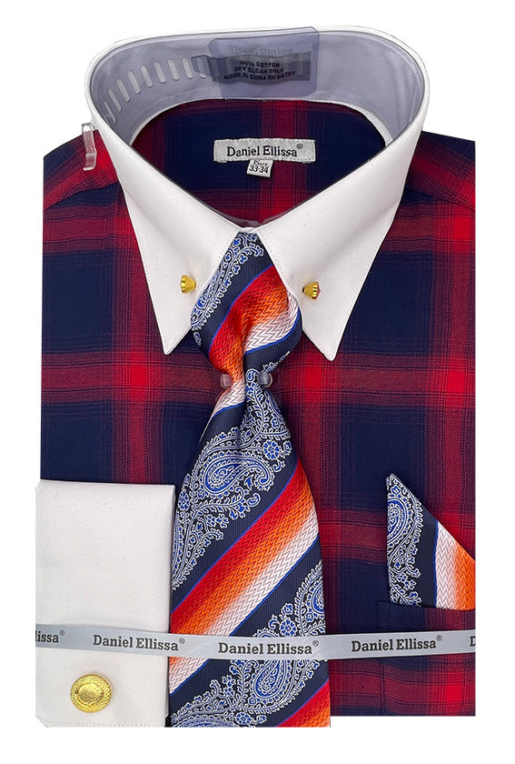 Red Tone on Tone Check Printed Dress Shirt Set with Tie and Handkerchief