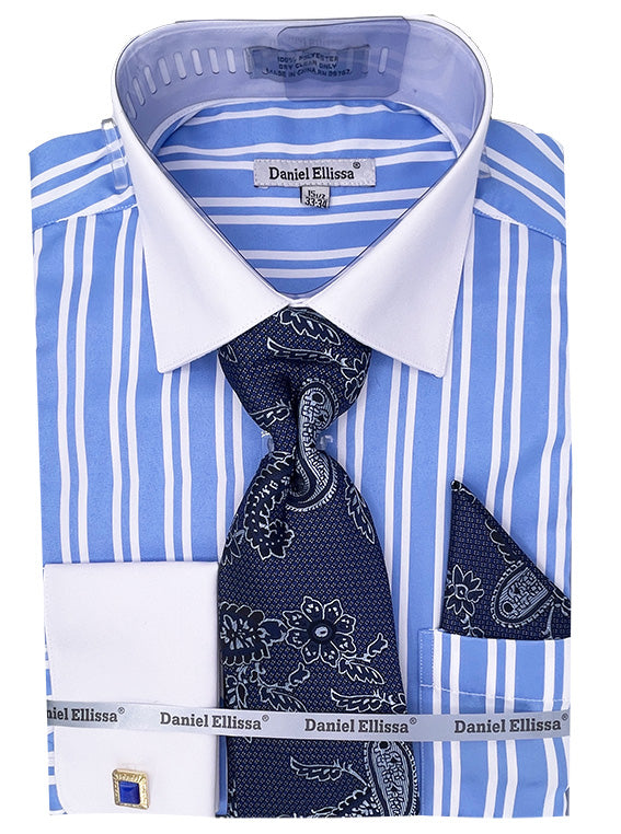 Blue Striped Dress Shirt Set with Tie and Handkerchief