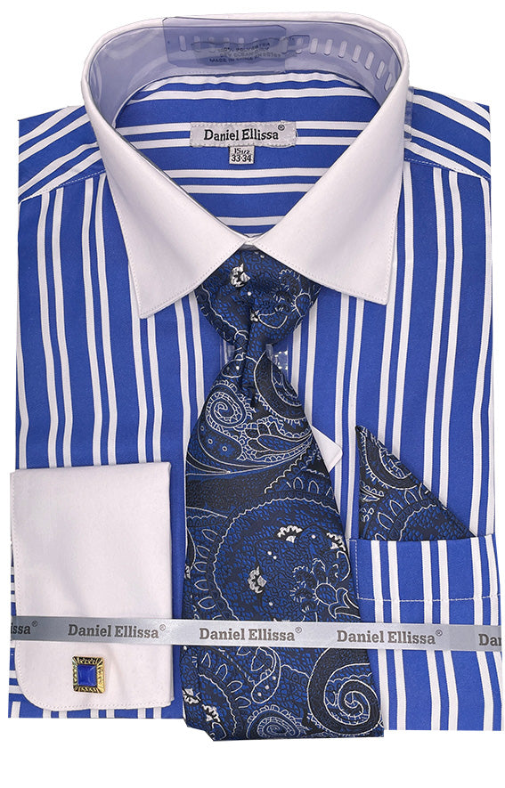Men's Royal Blue Striped French Cuff Dress Shirt Set with Tie and Pocket Square 18½ 36/37 / Royal Blue