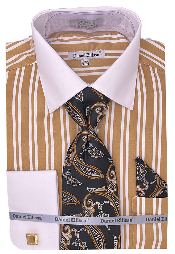 Beige Striped Dress Shirt Set with Tie and Handkerchief
