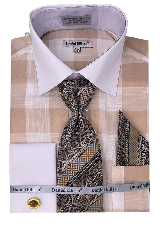 Beige Tone on Tone Check Printed Dress Shirt Set with Tie and Handkerchief