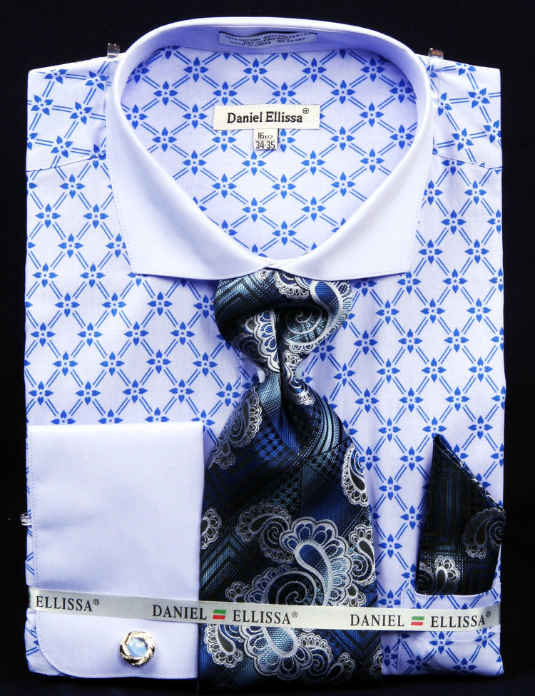 French Cuff Printed Two Tone Shirts in Blue with Tie, Cuff Links and Handkerchief