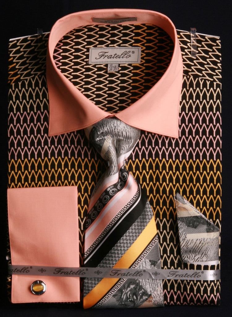 French Cuff Printed Tone on Tone Shirt in Black/Gold with Tie, Cuff Links and Handkerchief