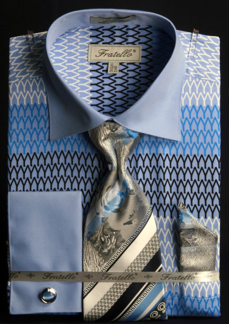 French Cuff Printed Tone on Tone Shirt in Blue with Tie, Cuff Links and Handkerchief