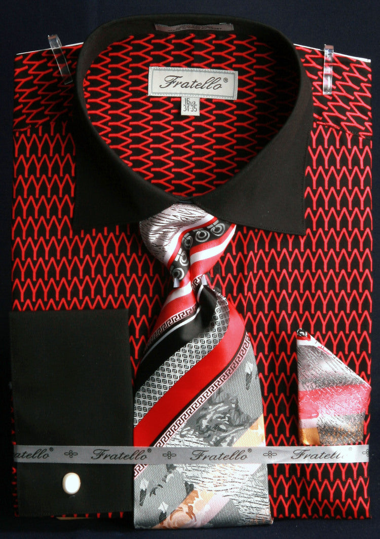French Cuff Printed Tone on Tone Shirt in Black/Red with Tie, Cuff Links, and Handkerchief