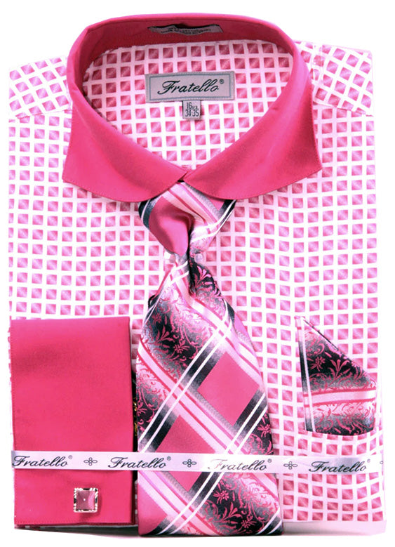 French Cuff Checker Pattern Cotton Shirt in Fuchsia with Tie, Cuff Links and Handkerchief