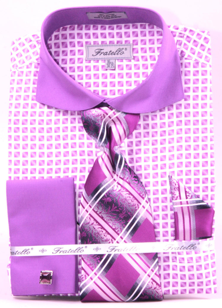 French Cuff Checker Pattern Cotton Shirt in Lilac with Tie, Cuff Links and Handkerchief