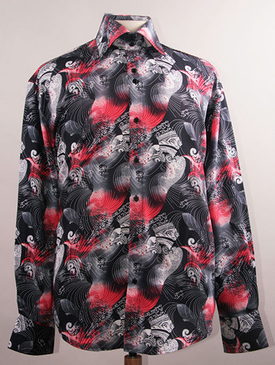 Dress Shirt Regular Fit Ukiyo-e Inspired Style Pattern In Black/Red