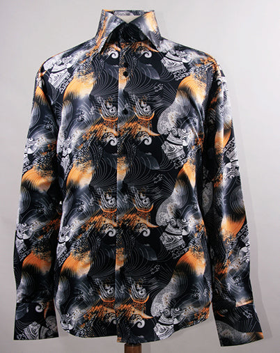 Dress Shirt Regular Fit Ukiyo-e Inspired Style Pattern In Black/Orange