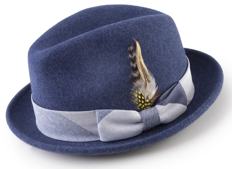 Wool Felt Fedora with Feather Accent in Navy