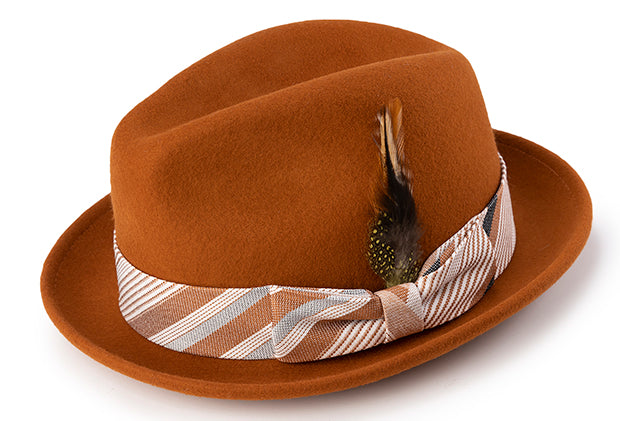 Pinch Front Fedora with Feather Accent in Cognac
