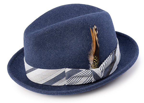Wool Felt Pinch Front Fedora with Feather Accent in Navy