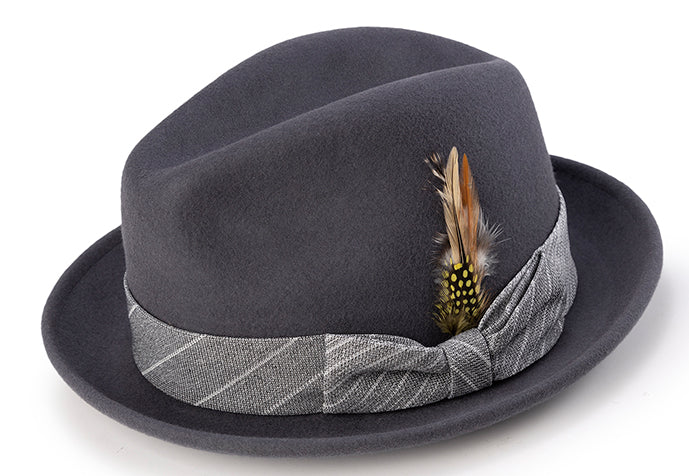Wool Felt Pinch Front Gray Fedora with Feather Accent
