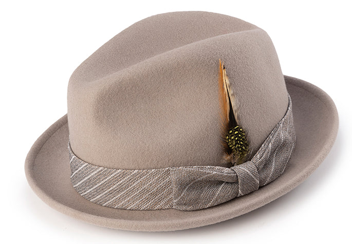 Wool Felt Pinch Front Khaki Fedora with Feather Accent