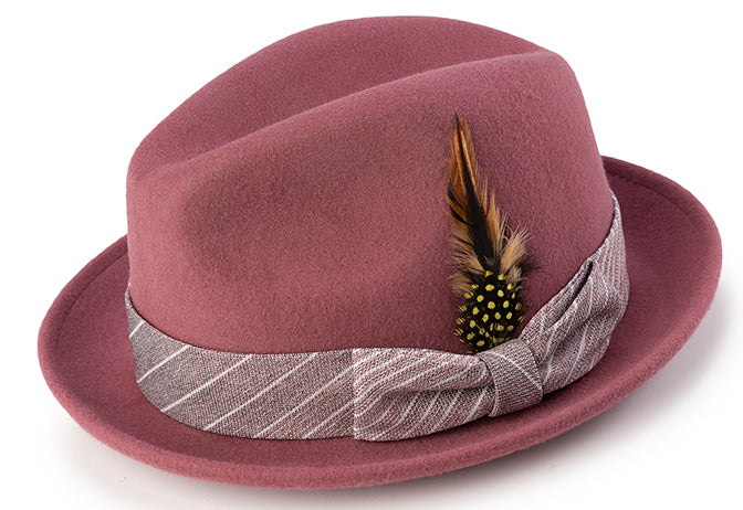 Wool Felt Pinch Front Mauve Fedora with Feather Accent
