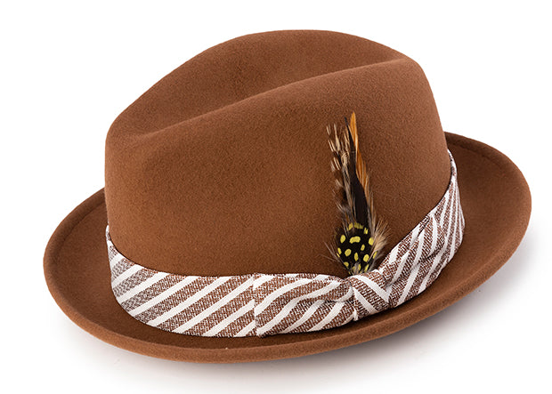 Pinch Front Fedora with Feather Accent in Bronze