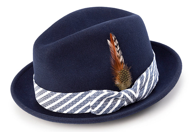 Pinch Front Fedora with Feather Accent Navy