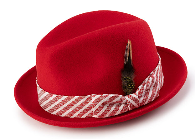 Pinch Front Fedora with Feather Accent in Red