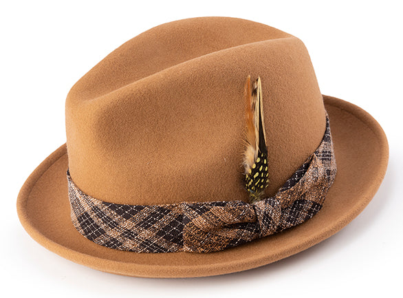Pinch Front Brandy Fedora with Feather Accent