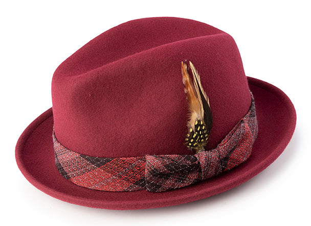 Pinch Front Brick Fedora with Feather Accent